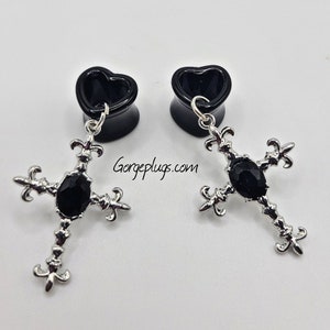 0g-1"  Black Gothic Cross Heart Tunnel Plugs Gauges Earrings, Sold by PAIR , 8mm, 10mm, 12mm,14mm, 16mm,20mm- gifts for her, Galentines, Emo