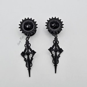 0g-1&quot; Jet Black W/ Black Faceted Rhinestone, Black Dagger-like Crosses Gothic Dangle Drop Plugs Gauges | (8mm-25mm)| religious,Elegant