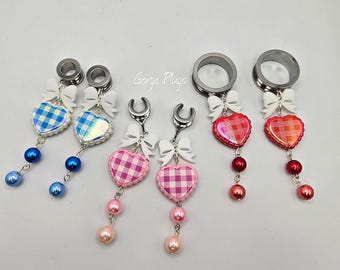 Dilatadores de perlas con lazo de corazón de guinga de 2 g y 2 pulgadas / Pendientes colgantes de estilo cottagecore con orejas alargadas, joyería a cuadros, año 2000, 6 mm, 10 mm, 9/16, 1/2