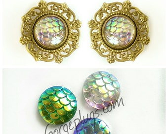 0g-1 3/8" Gold Iridescent "Poseidon's Trident" Plugs Gauges, Sold by PAIR (8mm-35mm) 00g, 7/16, 9/16, 5/8, 3/4 - Mermaid, Colorful, Serpent-