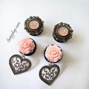 2 PAIRS Pink Mi Amore Dangle Plugs Gauges 0g-7/8&quot; (8mm-22mm) Sold by PAIR heart, valentines, gifts for her, kawaii, glitter, rose, bundle