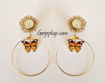 0g-1&quot; Gold Pink, Orange, Blue Butterfly Hoops Dangle Plugs Gauges (8mm-25mm) Sold by PAIR, 00g, 7/16, 1/2. 9/16, 5/8, 3/4 y2k, early 2000&#39;s