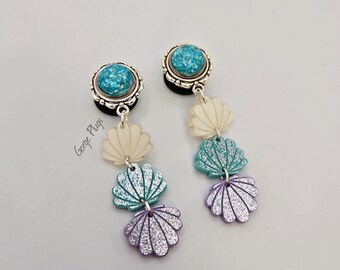 0g-7/8" Pastel Glitter Mermaid Shell Dangle Plugs for Stretched Ears | Oceancore Earrings with Aqua, Cream & Lavender Seashell Charms, 10mm