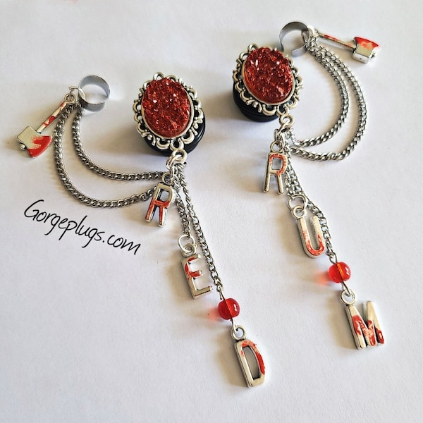 PICK SIZE  Red Horror rum Movie Earcuff Dangle Plugs Gauges 0g-1" (8mm-25mm) Sold by PAIR, bloody,blood,gore,gorey