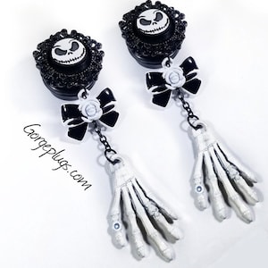 0g-1" Jack Skellington Dangle Plugs Gauges (8mm-25mm) Sold by PAIR 00g, 1/2, 3/4 gauges, gothic, Halloween Earrings For Gauges