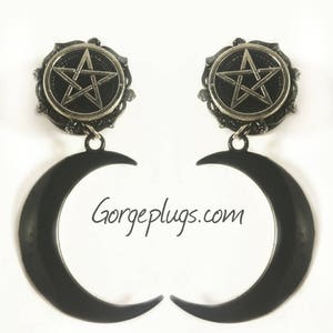 0g-1&quot; Black Pentagram Bewitched Dangle Plugs Gauges, Sold by PAIR (8mm-25mm) 00g, 1/2, 9/16, 3/4, 5/8 -gothic plugs, witchy plugs, wiccan-