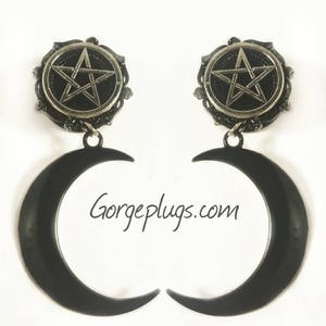 0g-1" Black Pentagram Bewitched Dangle Plugs Gauges, Sold by PAIR (8mm-25mm) 00g, 1/2, 9/16, 3/4, 5/8 -gothic plugs, witchy plugs, wiccan-