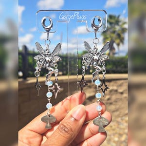 2g-1 3/16" Sliver Opal Fairycore Dangle Plugs| Fairy Earrings w/ Stars Mushrooms|Fantasy Celestial Dangle Drop Saddle gauges,  6mm, 8mm