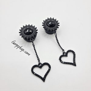 0g-1&quot; Black Onyx Cubic Heart Dangle Plugs Gauges | (8mm-25mm) Sold by PAIR | Gothic gauges, goth, skull, punk