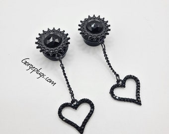 0g-1" Black Onyx Cubic Heart Dangle Plugs Gauges | (8mm-25mm) Sold by PAIR | Gothic gauges, goth, skull, punk