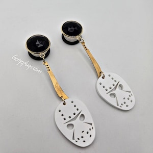 0g-1&quot; Gold Black Slasher Movie Halloween Dangle Plugs Gauges| Sold by PAIR (8mm-25mm)00g, 7/16, 1/2, 9/16, 5/8&quot;, horror movies