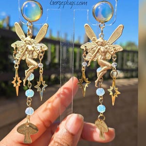 Plugs pendants en forme de cœur de fée en or 0 g-1 po. - Puces d&#39;oreilles fées en opale avec champignons étoiles - Boucles d&#39;oreilles pendantes célestes fantaisie, (8 mm-25 mm)