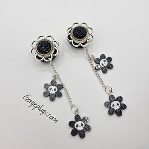 0g-1" Silver Skull Daisy Halloween  Earrings Gauges Plugs For Stretched Ears (8mm-25mm) 00g - Halloween, kawaii,spooky