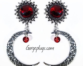0g-1 1/8&quot; Red Silver Blood Moon Dangle Plugs Gauges (8mm-28mm) Sold by PAIR, 00g, 7/16, 1/2, 5/8, 3/4, 10mm, 11mm, 12mm, 16mm, 19mm