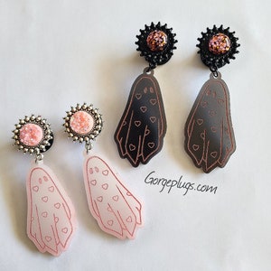 0g-1&quot; Ghost Hearts Dangle Plugs Gauges | Spooky Cute Plugs | Halloween Gauges | Creepy Goth Girl Plugs|(8mm-25mm) 00g, 7/16, 1/2, 9/16, 5/8