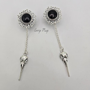 0g- 1&quot; Silver Black Raven Birdskull Dangle Plugs Gauges, Sold by PAIR (8mm-25mm) 00g, 1/2, 9/16, 5/8- Silver Plugs, Silver Gauges-