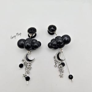 Orecchini pendenti con luna e nuvola glitterata con strass in onice nero corvino da 0 g a 1&quot;, dilatatori gotici Dreamcore, calibri (8 mm-25 mm) 00 g, 7/16, 1/2