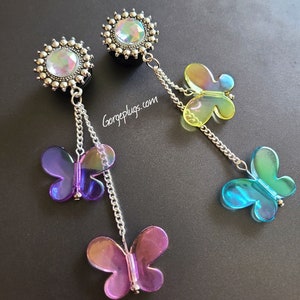0g-1 " Chunky Y2K Iridescent Butterfly Dangle Plugs Gauges Sold by PAIR (8mm-25mm)- Dangle Gauges Earrings ,boho ,spring ,rainbow ,colorful-