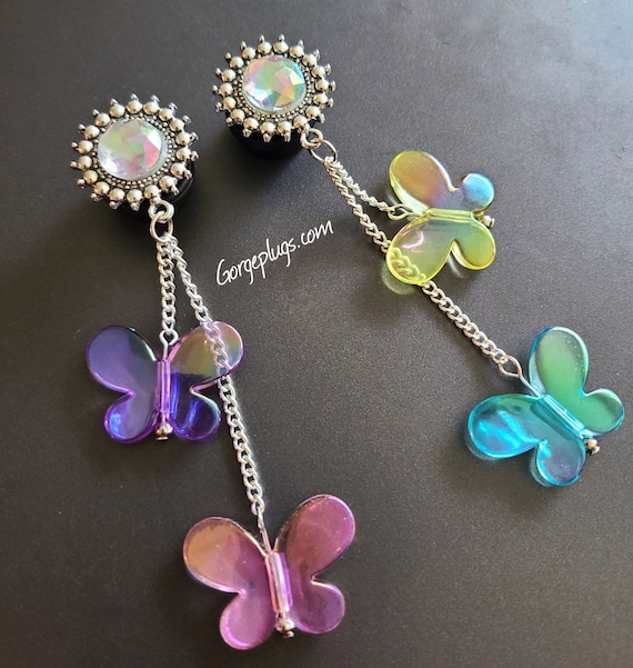 0g 1 Chunky Y2K Iridescent Butterfly Dangle Plugs Gauges Sold by PAIR 8mm 25mm Dangle Gauges Earrings boho spring rainbow colorful Etsy