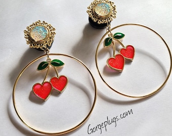 0g-1" Gold Cherry Hearts Hoop Dangle Plugs Gauges (8mm-25mm) 00g, 7/16, 1/2, 9/16 -valentines, vday, Pink, Red, cute plugs, dangle gauges-
