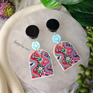0g-1&quot; Black Rainbow Groovy Baby Alien Daisy Dangle Plugs Gauges, Sold by PAIR (8mm-25mm) 00g, 1/2, 3/4 , psychedelic, emo, punk, Skater