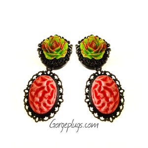 0g-1&quot; Neon Zombie Heart Dangle Plugs | Horror Ear Gauges | Spooky Cute Halloween Jewelry | Realistic Brain Jewelry | Blood Splatter Gauges