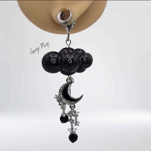 2g-1&quot;  Silver Black Pearlescent Glitter Cloud Emo Gothic Style Earrings Saddle Dangle Plugs Gauges, Dreamcore earring (6mm-25mm ) 00g, 0g -