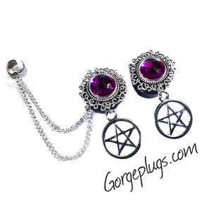 0g-1" Silver Purple Witchcraft Earcuff Chain Dangle Plugs Gauges Earrings, Sold by PAIR ( 8mm-25mm), pentagram, gothic, witchy, wicca