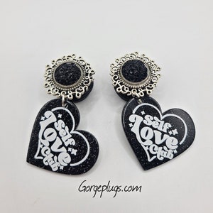 0g-1&quot;  Self Love Club Dangle Plugs Gauges  Sold by PAIR (8mm-25mm) 00g, 7/16, 1/2, 9/16 -Gothic,Valentines, Galentines, gifts for her-