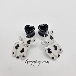 0g-1"  Black White Cute Baby Cow Heart Tunnel Plugs Gauges Earrings, Sold by PAIR , 8mm, 10mm, 12mm gifts for her, cottage, kawaii,vegan