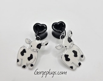 0g-1"  Black White Cute Baby Cow Heart Tunnel Plugs Gauges Earrings, Sold by PAIR , 8mm, 10mm, 12mm gifts for her, cottage, kawaii,vegan