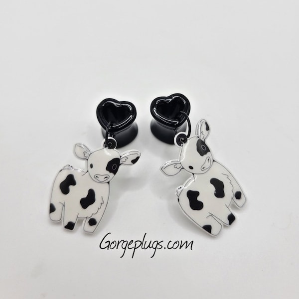 0g-1" Schwarz Weiß Süße Baby Kuh Herz Tunnel Plugs Gauges Ohrringe, verkauft von PAAR, 8mm, 10mm, 12mm Geschenke für sie, Cottage, kawaii, vegan