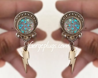 0g-1&quot; Gold Lightning Boltz Dangle Plugs Gauges Earrings, Sold by PAIR (8mm-25mm) Stormy, Zeus, Greek, Goddess, Dainty, Plug Earrings