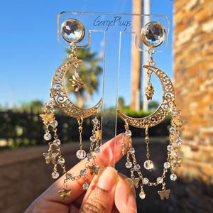 Boucles d&#39;oreilles coeur de lune en or 0 g-1 po. Plugs pendants en croissant de lune avec papillons et cristaux, bijoux Celestial Fantasy (8 mm-25 mm) 00 g, 9/16
