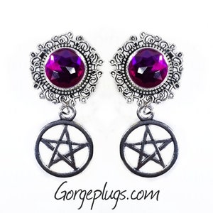0g-1&quot; Silver Witchy Pentagram Dangle Plugs Gauges, Sold by PAIR (8mm-25mm) 00g, 1/2, 9/16, 5/8, 3/4 - Gothic, Purple, Wiccan, dangle gauges-