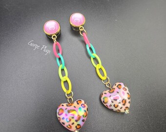 2g-1" Pink Leopard Heart Drop Dangle Plugs W/ Neon Chain Dangles | Holographic | L Frank,Y2K Statement Jewelry, for Stretched ears, 8mm,10mm