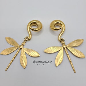 Gold Dragonfly Ear Weights / Ear Hangers 0g(8mm)+ spring, summer, flower, floral, vibrant, colorful, earrings for stretched ears