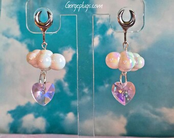 Pendientes colgantes de plata y oro iridiscentes con forma de nube, rosa pastel y corazón, de 2 g a 1 pulgada. Pendientes delicados (6 mm a 25 mm). 00 g, 0 g - San Valentín