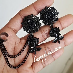 PICK SIZE Black Roses Earcuff Chain Dangle Plugs Gauges 0g-1"  ( 8mm-25mm)  Sold by PAIR