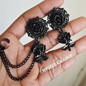 PICK SIZE Black Roses Earcuff Chain Dangle Plugs Gauges 0g-1"  ( 8mm-25mm)  Sold by PAIR