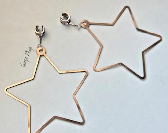 0g-1" Steel Silver Extra Large Star Hoops Minimalist Y2k J-Style Kawaii Light Weight Dangle Plugs Gauges Earrings,  6mm, 8mm, 10mm