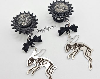 0g-1" Black Skeleton Bunny Dangle Plugs Gauges | (8mm-25mm) Sold by PAIR | Gothic gauges, goth, skull, punk