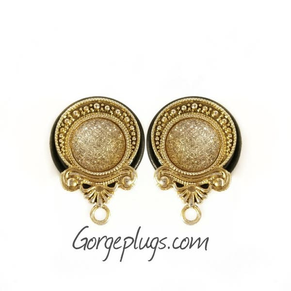 0g-1 1/8" Gold Yellow Golden Dust Plugs Tunnels Gauges , Sold by PAIR (8mm-28mm)00g, 1/2, 5/8, 3/4, 10mm, 12mm,14mm -boho, bohemian,Fancy-