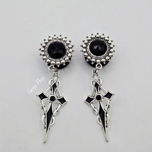 0g-1&quot; Silver W/ Black Faceted Rhinestone, Black Dagger-like Crosses Gothic Dangle Drop Plugs Gauges | (8mm-25mm)| religious,Elegant