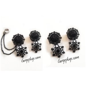 0g-1&quot; Black Xmas Snowflake Earcuff Chain Dangle Plugs Gauges, Sold by PAIR ( 8mm-25mm) 00g, 7/16, 1/2, 9/16