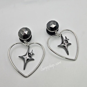 9/16&quot;-1&quot; Gunmetal Silver Northern Star Heart Hoop Dangle Plugs Gauges, Sold by PAIR (14mm-25mm) 9/16, 3/4 grunge, grungy, emo, e-girl, egirl