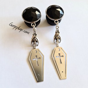 0g-1&quot; Silver Black Dangle Plugs Gauges * Vladimir * , Sold by PAIR (8mm-25mm) 00g, 7/16, 1/2, 9/16, 3/4, gothic,goth,vampire, Bats, coffin