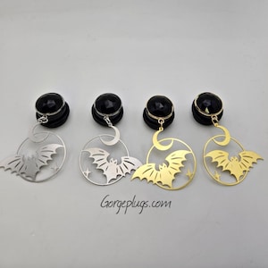 0g-1" Black Silver Bat Hoop Gothic Halloween Dangle Plugs Gauges| Sold by PAIR (8mm-25mm)00g, 7/16, 1/2, 9/16, 5/8", 3/4, 7/8