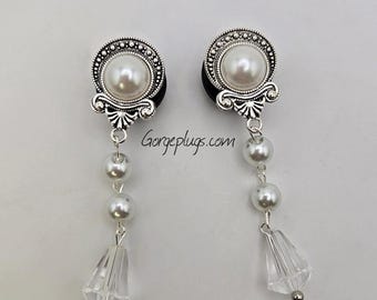 Dijes colgantes vintage de novia de plata elegante de 0 g a 1 pulgada con perla y cristal, ligeros, calibres de 20 (8 mm a 25 mm), 0 g, 1/2, 5/8, 3/4