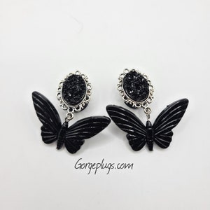 0g-1&quot;  Silver Black Butterfly Dangle Plugs Gauges, Sold by PAIR(8mm-25mm) 00G, 1/2, 3/4 -Bohemian, Summery